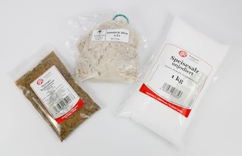 Thüringer Rostbratwurst Set zur Herstellung von Thüringer Rostbratwurst, 25m Schweinedarm als Naturdarm Kaliber 36/40, 1kg Speisesalz unjodiert mit 100g Efri.de Rostbratwurst Gewürzmischung von Fleischer- & Restaurantbedarf Kühren