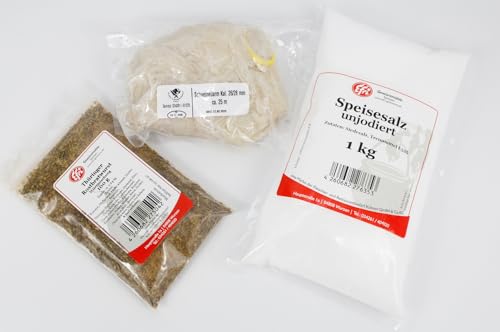 Thüringer Rostbratwurst Set zur Herstellung von Thüringer Rostbratwurst, 25m Schweinedarm als Naturdarm plus 1kg Speisesalz unjodiert plus 100g Efri.de Rostbratwurst Gewürzmischung (Kaliber 26/28) von Fleischer- & Restaurantbedarf Kühren