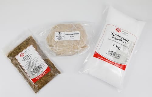 Thüringer Rostbratwurst Set zur Herstellung von Thüringer Rostbratwurst, 25m Schweinedarm als Naturdarm plus 1kg Speisesalz unjodiert plus 100g Efri.de Rostbratwurst Gewürzmischung (Kaliber 28/30) von Fleischer- & Restaurantbedarf Kühren