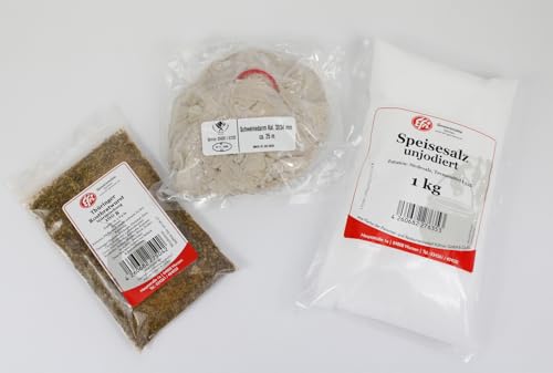 Thüringer Rostbratwurst Set zur Herstellung von Thüringer Rostbratwurst, 25m Schweinedarm als Naturdarm plus 1kg Speisesalz unjodiert plus 100g Efri.de Rostbratwurst Gewürzmischung (Kaliber 32/34) von Fleischer- & Restaurantbedarf Kühren