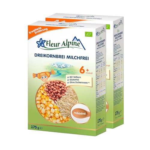 FLEUR ALPINE Bio 3-Korn-Getreidebrei milchfrei - Babybrei für köstliches Frühstück, Nahrhafter & einfach zuzubereitender glutenfreier Brei, Babynahrung nach dem 6+ Monate ohne Zuckerzusatz, 2x7 Port. von Fleur Alpine