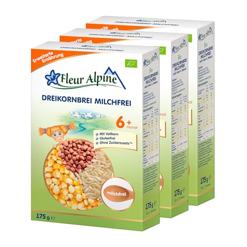 FLEUR ALPINE Bio 3-Korn-Getreidebrei milchfrei - Babybrei für köstliches Frühstück, Nahrhafter & einfach zuzubereitender glutenfreier Brei, Babynahrung nach dem 6+ Monate ohne Zuckerzusatz, 3x7 Port. von Fleur Alpine