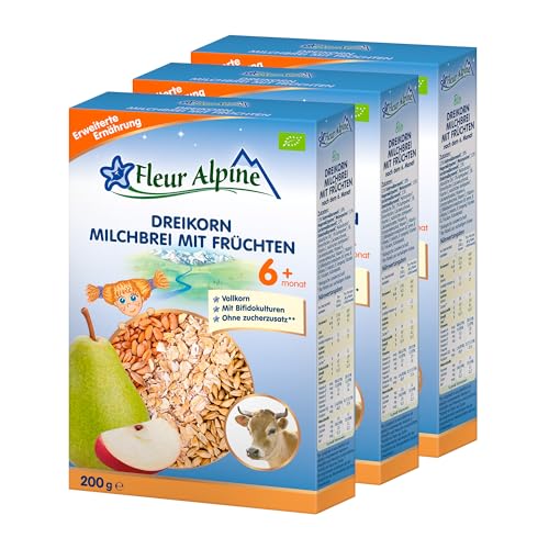 FLEUR ALPINE Bio Baby Dreikornbrei mit Früchten - Milchbrei für köstliches Frühstück, Nahrhafter & einfach zuzubereitender glutenfreier Brei, Babynahrung nach dem 6+ Mon. ohne Zuckerzusatz, 3x5 Port. von Fleur Alpine