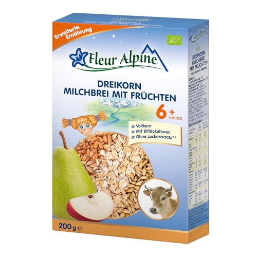 FLEUR ALPINE Bio Baby Dreikornbrei mit Früchten - Milchbrei für köstliches Frühstück, Nahrhafter & einfach zuzubereitender glutenfreier Brei, Babynahrung nach dem 6+ Mon. ohne Zuckerzusatz, 5 Port. von Fleur Alpine