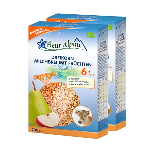 FLEUR ALPINE Bio Baby Dreikornbrei mit Früchten - Milchbrei für köstliches Frühstück, Nahrhafter & einfach zuzubereitender glutenfreier Brei, Babynahrung nach dem 6+ Mon.ohne Zuckerzusatz, 2x5 Port. von Fleur Alpine