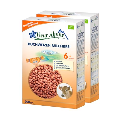 FLEUR ALPINE Bio Buchweizen - Baby Milchbrei für köstliches Frühstück, Nahrhafter und einfach zuzubereitender glutenfreier Brei, Babynahrung nach dem 6+ Monate ohne Zuckerzusatz, 2x5 Portionen von Fleur Alpine