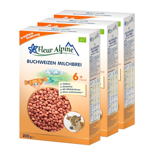 FLEUR ALPINE Bio Buchweizen - Baby Milchbrei für köstliches Frühstück, Nahrhafter und einfach zuzubereitender glutenfreier Brei, Babynahrung nach dem 6+ Monate ohne Zuckerzusatz, 3x5 Portionen von Fleur Alpine