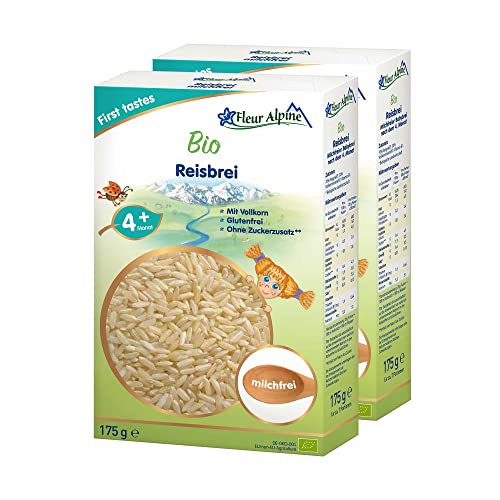 FLEUR ALPINE Bio Reis Baby-Müsli, 2 Stück – leckerer Babybrei für köstlich glatte Frühstücksmahlzeiten, nahrhafter, sofortiger glutenfreier Brei, ab 4 Monaten ohne Zuckerzusatz | 2 x 7 Portionen von Fleur Alpine