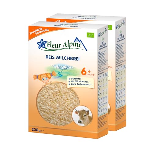 FLEUR ALPINE Bio Reis - Milchbrei Babybrei für köstliches Frühstück, Nahrhafter und einfach zuzubereitender glutenfreier Brei, Babynahrung nach dem 6+ Monate ohne Zuckerzusatz, 2x5 Portionen von Fleur Alpine