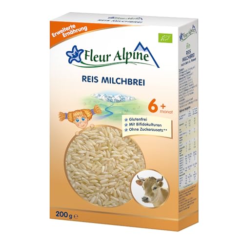 FLEUR ALPINE Bio Reis - Milchbrei Babybrei für köstliches Frühstück, Nahrhafter und einfach zuzubereitender glutenfreier Brei, Babynahrung nach dem 6+ Monate ohne Zuckerzusatz, 3x5 Portionen von Fleur Alpine