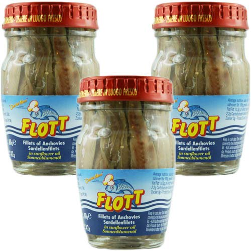 3x Flott Acciughe 'Anchovies Sardellenfilets' in Sonnenblumenöl, 80 g von Flott S.P.A