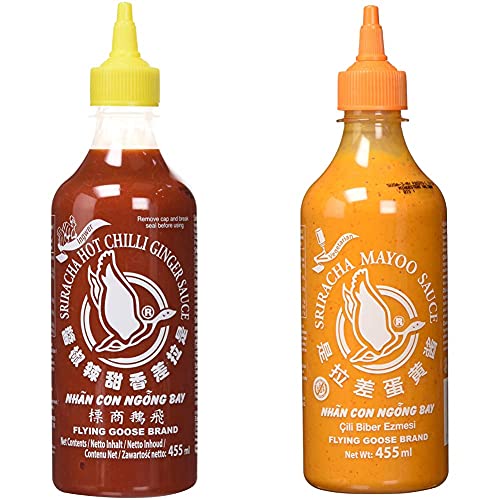 FLYING GOOSE Sriracha scharfe Chilisauce mit Ingwer - scharf, gelbe Kappe, 1er Pack (1 x 455 ml) & Sriracha Mayoo Sauce - Mayonnaise, leicht scharf, orange Kappe, 1er Pack (1 x 455 ml) von Flying Goose