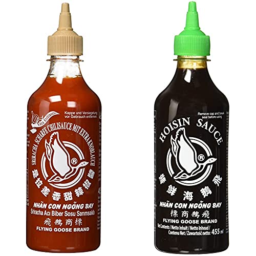 FLYING GOOSE Sriracha scharfe Chilisauce mit extra Knoblauch - scharf, braune Kappe, Würzsauce aus Thailand, 1er Pack (1 x 455 ml) & Hoi Sin Sauce - pikant, grüne Kappe, 1er Pack (1 x 455 ml) von Flying Goose