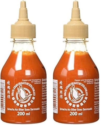 FLYING GOOSE Sriracha scharfe Chilisauce mit extra Knoblauch - scharf, braune Kappe, Würzsauce aus Thailand, 2er Pack (1 x 200 ml) von Flying Goose