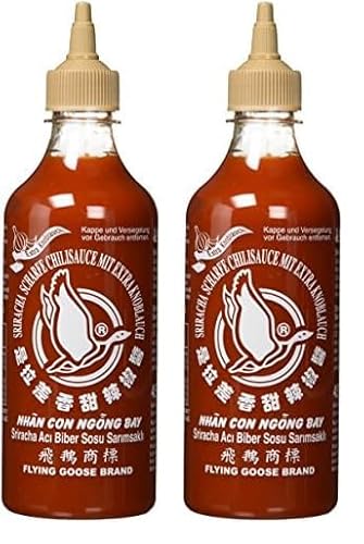 FLYING GOOSE Sriracha scharfe Chilisauce mit extra Knoblauch - scharf, braune Kappe, Würzsauce aus Thailand, 2er Pack (1 x 455 ml) von Flying Goose