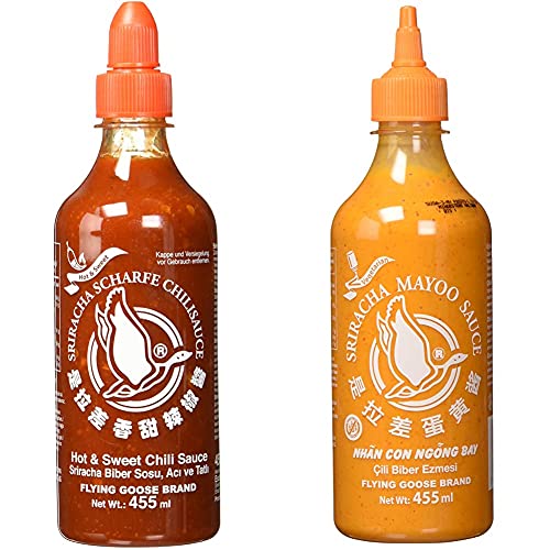 FLYING GOOSE Sriracha scharfe Chilisauce - scharf & süß, orange Kappe, 1er Pack (1 x 455 ml) & Sriracha Mayoo Sauce - Mayonnaise, leicht scharf, orange Kappe, 1er Pack (1 x 455 ml) von Flying Goose