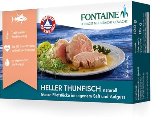 Fontaine - Heller Thunfisch naturell – 120 g – 5er Pack - Ganze Thunfischfilets im eigenen Saft und Aufguss, aus 100% zertifizierter, nachhaltiger Fischerei und kontrolliertem Anbau von Fontaine