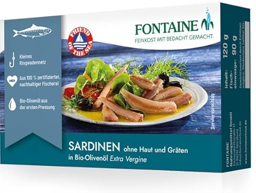 Fontaine Sardinen ohne Haut in Bio-Olivenöl – 120 g – 5er Pack - Premium Sardinenfilets aus 100% zertifizierter, nachhaltiger Fischerei und kontrolliertem Anbau von Fontaine