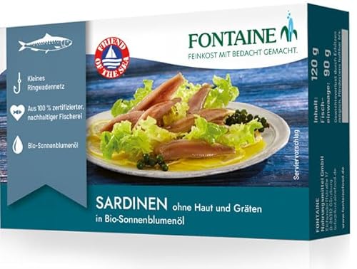 Fontaine Sardinen ohne Haut und Gräten in Bio-Sonnenblumenöl – 120 g – 5er Pack - Premium Sardinenfilets aus 100% zertifizierter, nachhaltiger Fischerei und kontrolliertem Anbau von Fontaine