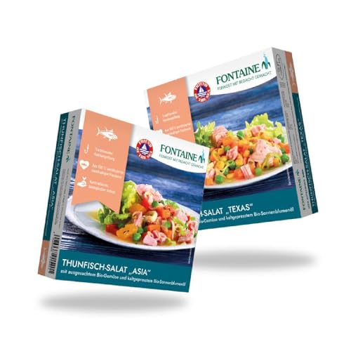 Fontaine - Thunfischsalate Bundle - 2 Sorten (je 3 Dosen) - 6er Pack - Thunfischfilets als Asia- oder Texas Salat, mit Bio-Gemüse, aus 100% nachhaltiger Fischerei und kontrolliertem Anbau von Fontaine