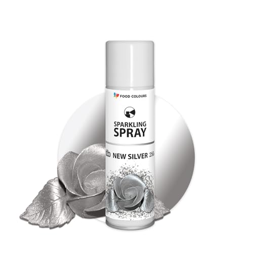 Lebensmittelfarbspray NEW SILVER 250ML Dekorative Lebensmittelfarbe mit metallischem Effekt, Glitzerüberzug, Dekoration für Kuchen, Schokolade, Pralinen, Zuckerpaste, Tortenoberfläche von Food Colours