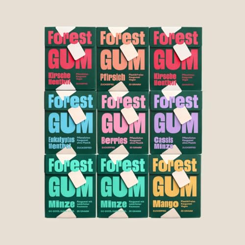 FOREST GUM im Probierset | Plastikfreies Kaugummi mit Minz-, Kirsche Menthol-, Pfirsich-, Eukalyptus Menthol-, Beeren-, Cassis Minze- und Mango-Geschmack | Pflanzlich | ohne Zucker | Vegan | 9 x 20 g von Forest Gum