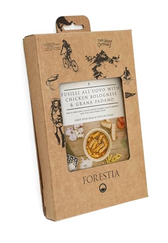 Forestia Eier-Spiralnudeln mit Hühnchen-Bolgonese und Grana Padano-SH mit Selbsterwärmenden Beutel| leicht zubereitete Trekkingmahlzeit | Hauptgericht mit Fleisch | lange haltbare Camping Notration von Forestia