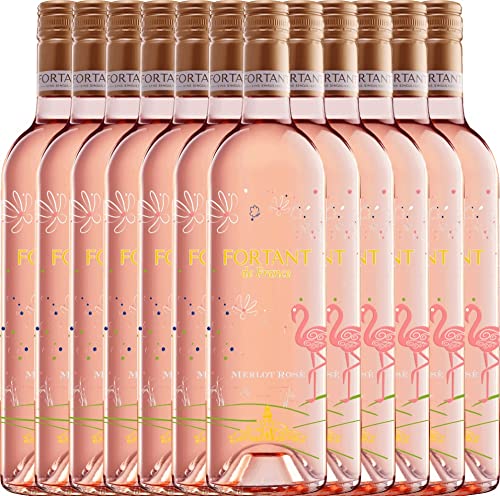 VINELLO 12er Weinpaket Rosé - Merlot Rosé serigrafiert 2021 - Fortant de France mit einem VINELLO.weinausgießer 12 x 0,75 Liter von Fortant de France