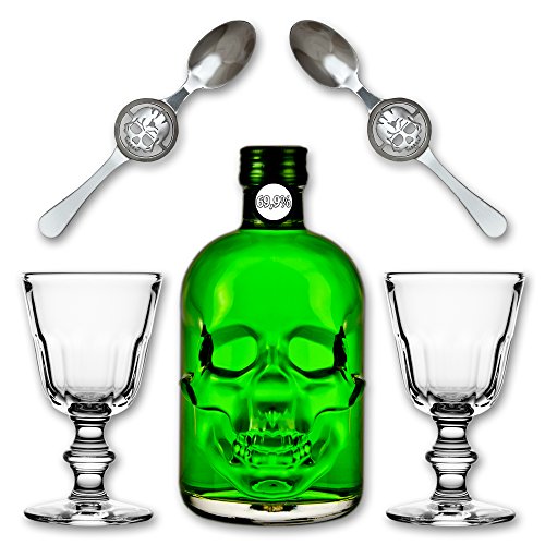 Absinthe "Amnesie" 69,9% alc. Vol. + 2x Absinthe Glas "Perigord" + 2x Absinthe Löffel "Skull" von Fox Spirits