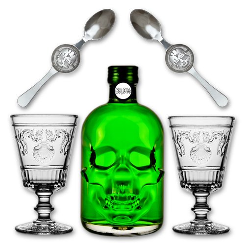 Absinthe "Amnesie" 69,9% alc. Vol. + 2x Absinthe Glas "Versailles" 400ml + 2x Absinthe Löffel "Skull" von Fox Spirits