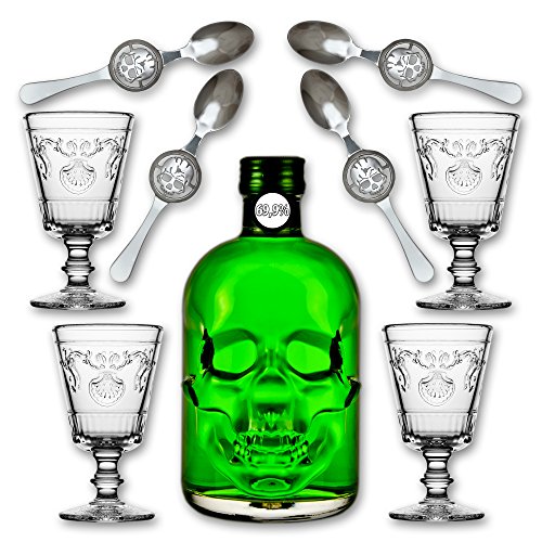 Absinthe "Amnesie" 69,9% alc. Vol. + 4x Absinthe Glas "Versailles" 400ml + 4x Absinthe Löffel "Skull" von Fox Spirits