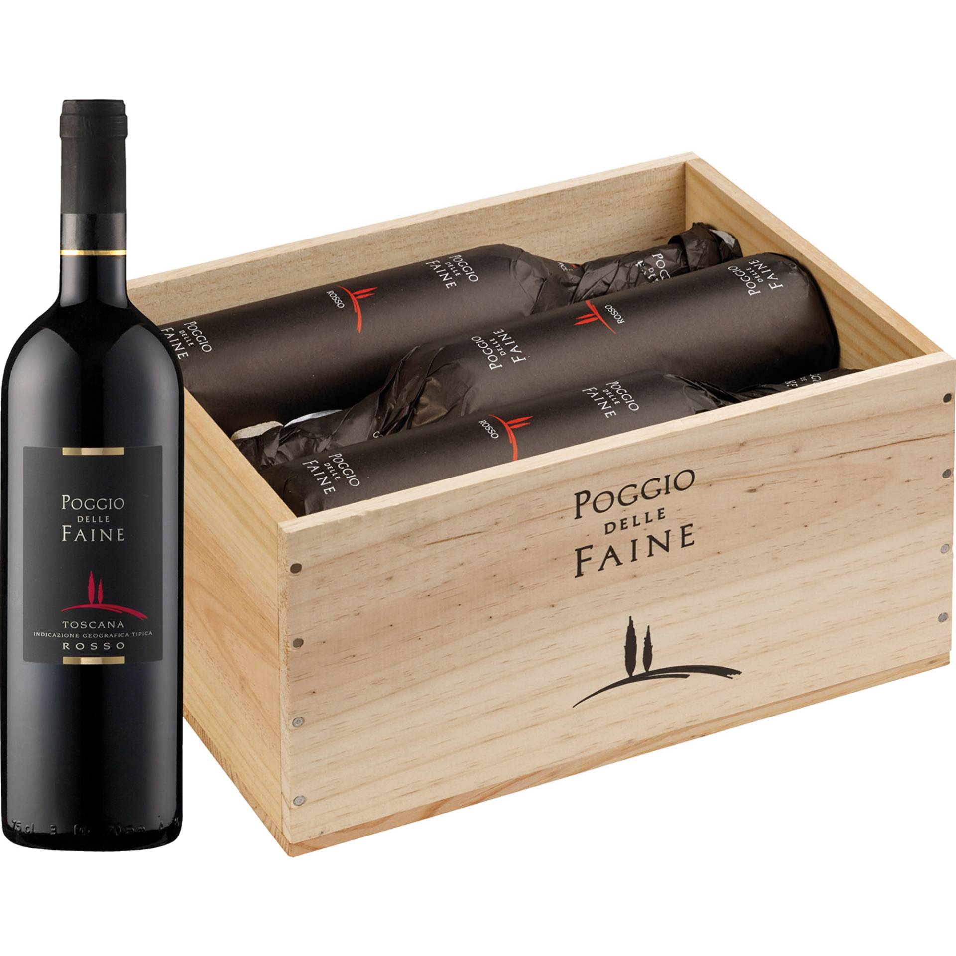 Poggio delle Faine Rosso, Toscana IGT, 6 Flaschen in Holzkiste, Toskana, 2017, Rotwein von Francesco Minini S.p.A. Cantine,   IT 25028 Verolanuova (Brescia)