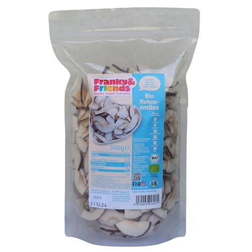 Franky & Friends Bio Kokoschips getrocknet mit Haut, 500g, fair, ungesüßt, ungeröstet, ungeschwefelt, ohne Zusätze, knusprig, intensiver Kokosgeschmack von Franky & Friends