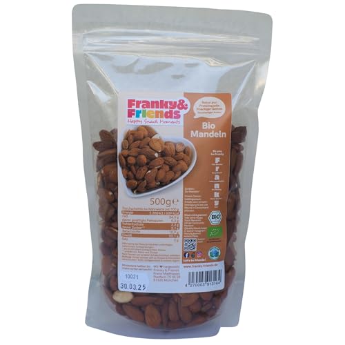 Franky & Friends Mandeln bio, ganze Mandeln, 500g, Nüsse Großpackung, Büro Snacks: frisch und süß, naturbelassen, ungesalzen, ohne Zusätze, sonnengeküsste Mandelkerne aus Süditalien, Proteinquelle von Franky & Friends