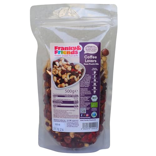 Franky & Friends Coffee Lovers, 500g, Nussmischung bio mit Trockenobst ungezuckert: faire Kaffeebohnen, Cashewkerne, Goji Beeren, Studentenfutter bio, Trailmix, Nussmischung Großpackung, MHD 31.12.24 von Franky & Friends