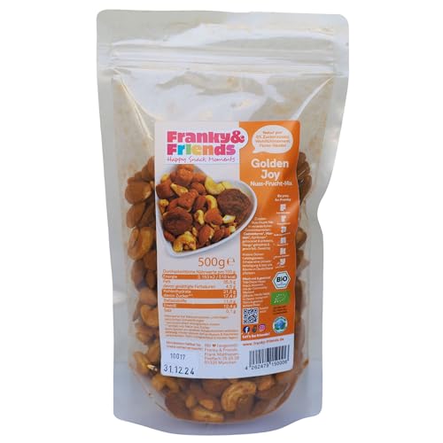 Franky & Friends Golden Joy, 500g, Goldene Milch: Nussmischung bio mit Trockenobst ungezuckert, Cashewkerne, Mandeln, Kurkuma, Ingwerpulver, Ceylon Zimt, Trailmix, Nussmischung Großpackung von Franky & Friends