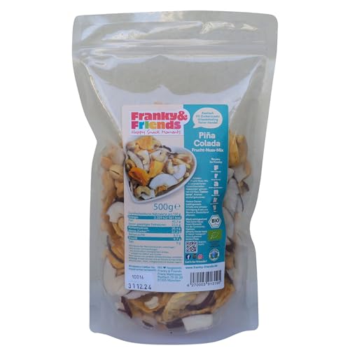 Franky & Friends Pina Colada, 500g, Karibischer Mix: Kokoschips, Ananas, Cashewkerne, Nussmischung bio mit Trockenobst ungezuckert, Studentenfutter bio, Trailmix, Nussmischung Großpackung, Büro Snacks von Franky & Friends