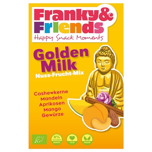 Franky & Friends Golden Milk, 100g, Goldene Milch: Nussmischung bio mit Trockenobst ungezuckert, Cashewkerne, Mandeln, Kurkuma, Ingwerpulver, Ceylon Zimt, Studentenfutter bio, Nussmischung Großpackung von Franky & Friends