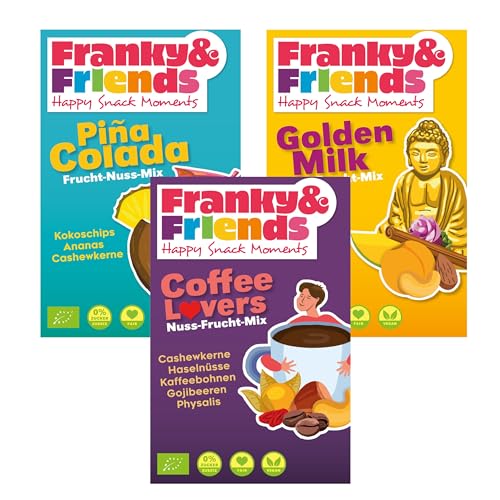 Franky & Friends Genussset aus 3 leckeren Bio-Nuss-Frucht-Mixen a 100g, fair, ohne Zuckerzusatz, vegan, leckeres Studentenfutter ohne Rosinen von Franky & Friends