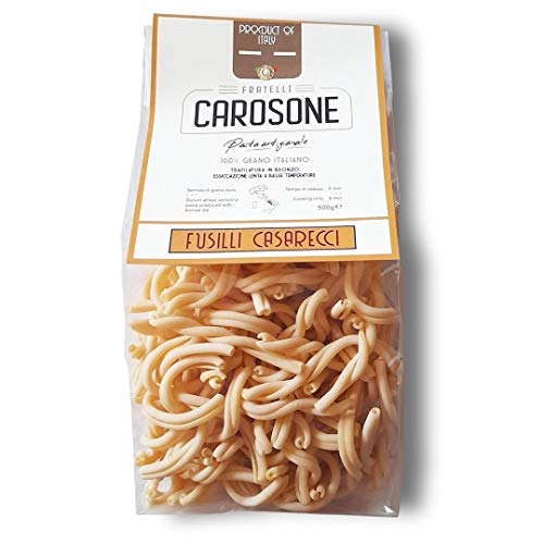 Fratelli Carosone Pasta Artigianale Fusilli Casarecci handwerkliche Hartweizengrieß Pasta 100% italienischer Weizen Bronze Zeichnung Packung mit 500g langsames Trocknen bei niedrigen Temperaturen von Fratelli Carosone