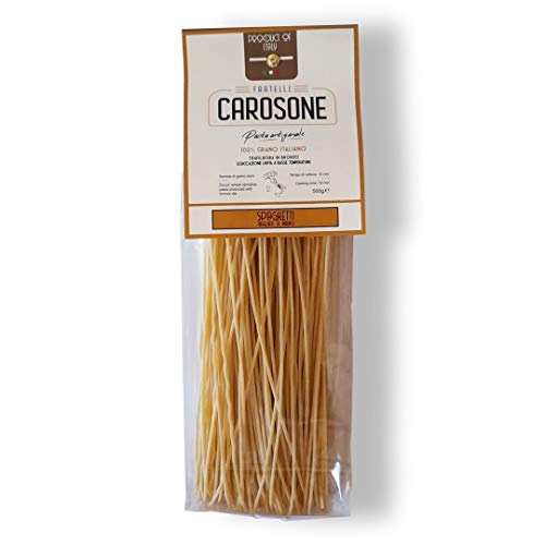 Fratelli Carosone Pasta Artigianale Spaghetti tagliati a mano Hand geschnitten handwerkliche Hartweizengrieß Pasta 100% italienischer Weizen Bronze Zeichnung Packung mit 500g langsames Trocknen von Fratelli Carosone