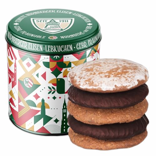 Lebkuchen - original Nürnberger Mandel Elisen-Lebkuchen - 45% Nussanteil - handgefertigte Qualität - prämierte Meisterhändler-Manufaktur (Dose Nürnberg - Inhalt: Lebkuchen gemischt - 380 Gramm) von Fraunholz Elisenlebkuchen