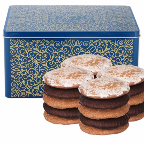 Nürnberger Lebkuchen Truhe - original Nürnberger Mandel Elisen-Lebkuchen - 45% Nussanteil - handgefertigt - prämierte Manufaktur (Edeltruhe "Blau" - Inhalt: Lebkuchen gemischt - 4 x 380 Gramm) von Fraunholz Elisenlebkuchen