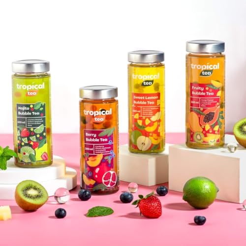 Bubble Tea Entdecker (4 Sorten) – Cranberry-Pfirsich, Fruchtig, Zitronen-Waldfrucht-Honigmelone, Mojito | Hochwertige Zutaten | Ideal für unterwegs | Trinkfertig von Tropicaltea® von Freskoo