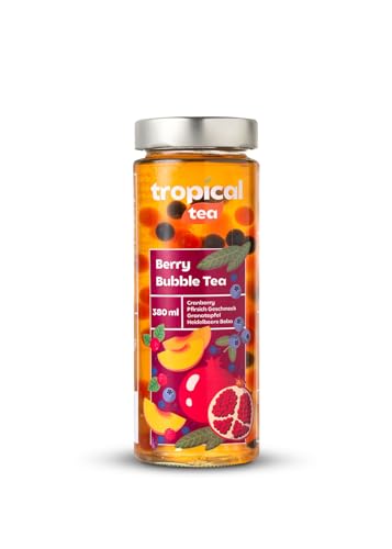 Erfrischender Cranberry-Pfirsich Bubble Tea mit Popping Boba – Fertiggetränk, Vegan, Zuckerarm, 6 Wiederverwendbare Glasflaschen mit Bambusstrohhalmen von Freskoo
