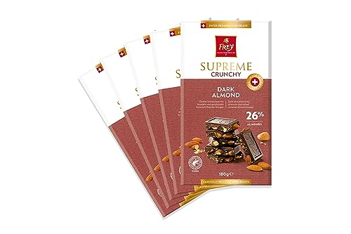 Frey Suprême Dark Crunchy Almond - Swiss Premium Chocolate - Kakao 44% mindestens - Rainforest Alliance-zertifiziert - Großpackung Schokoladentafeln 5x180g von Frey