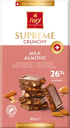 Frey Supreme Milchschokolade Crunchy Almond 180g Packung - Kakao 26% - Swiss Premium - Rainforest Alliance zertifiziert von Frey