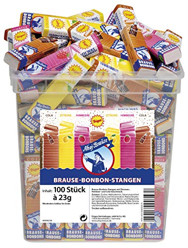 Frigeo Ahoj-Brause Bonbons-Stangen – Brause-Bonbons in drei prickelnden, süß-sauren Geschmacksrichtungen, Brause-Drops zum Lutschen, vegan, im Vorrats-Pack, 100 Stangen im 2,3 kg Eimer von Frigeo Ahoj-Brause