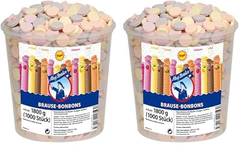 Frigeo Ahoj-Brause, Die Klassiker: runde Bonbons in den vier Geschmacksrichtungen Zitrone, Orange, Himbeere und Cola, 1000 Stück im Eimer (1,8kg) (Packung mit 2) von Frigeo Ahoj-Brause