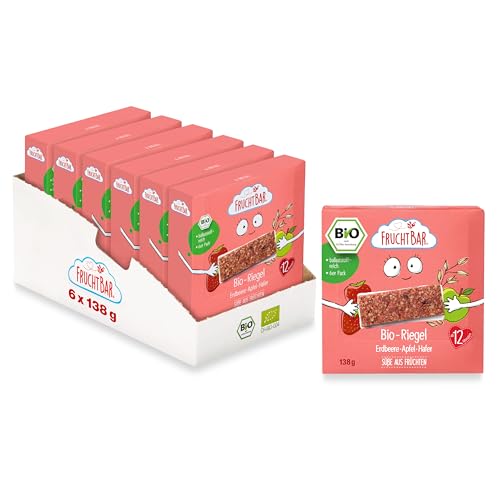 FruchtBar Bio Frucht-Riegel mit Erdbeere, Apfel & Hafer, 36 Früchte-Riegel, Snack für Babys ab 12 Monaten & Kinder, ohne Zuckerzusatz, 6 x 6 Stück von FruchtBar